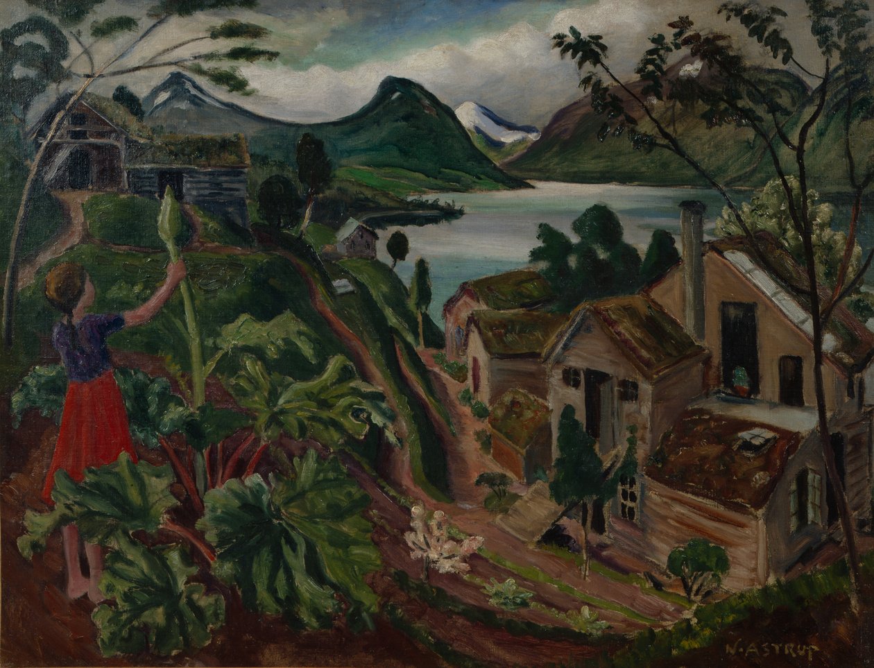 Rabarber og ung pige ved Sandalstrand (olie på lærred) af Nikolai Astrup