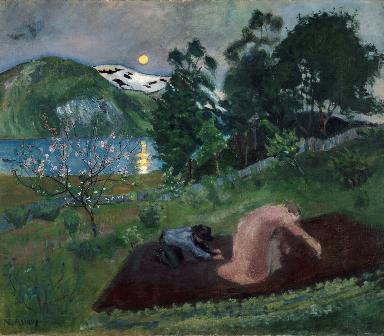 Forårsaften i haven (Natarbejde i haven) af Nikolai Astrup