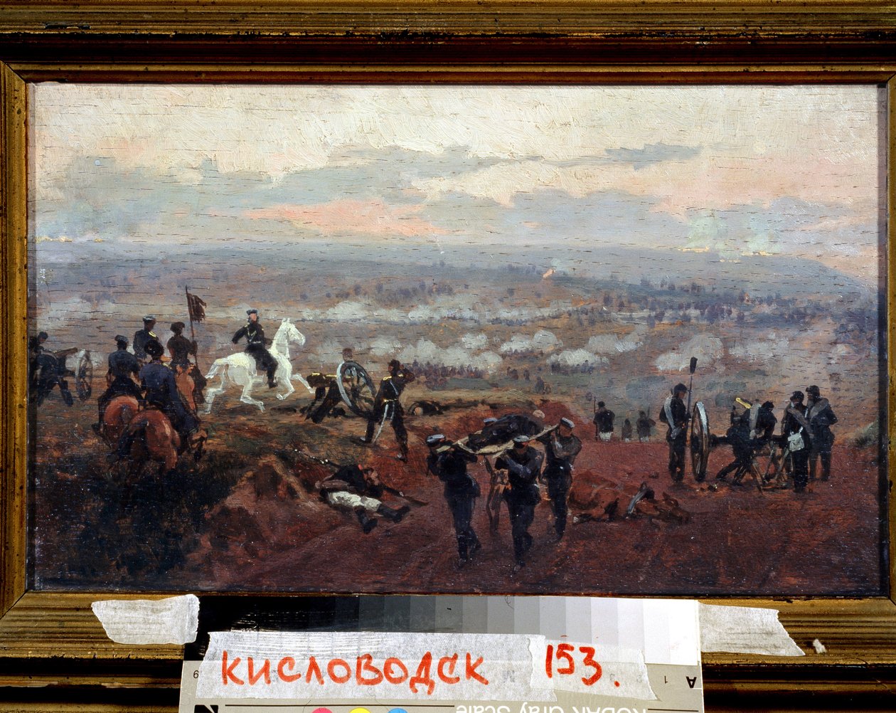 Angreb på de grønne bakker - Episode fra Krimkrigen (1853-1856) - Maleri af Nikolai Dmitrievich Dmitriev Orenbourgsky (Dmitriev-Orenbourgsky eller Dmitriev Orenburgsky eller Dmitriev-Orenburgsky) (1837-1898), olie på træ af Nikolai Dmitrievich Dmitriev Orenburgsky