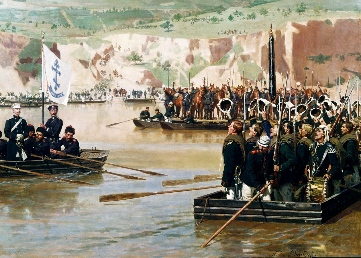 Russerne krydsede Donau ved Svishtov i juni 1877 af Nikolai Dmitrievich Dmitriev Orenburgsky