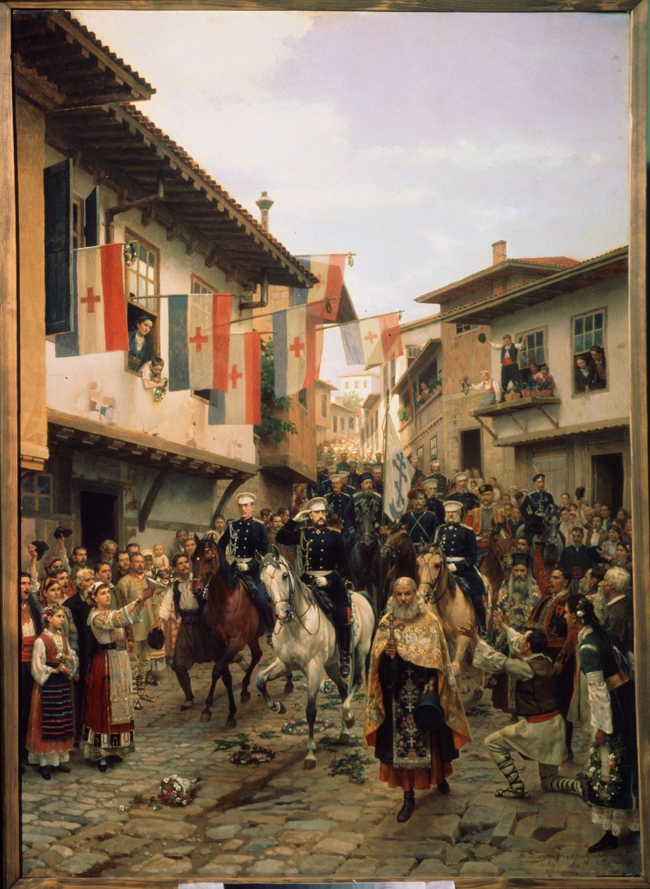 Russisk-tyrkisk (russisk-tyrkisk) krig 1877-1878: ""Storhertugen (storhertugen) Nicholas Nikolaievitch af Rusland (Nicholas Nicolaievich den Ældre) (1831-1891) ved Veliko Tarnovo den 06/03/1877 i Bulgarien" " Maleri af Nikolai Dmitrievich Dmitriev Orenburg af Nikolai Dmitrievich Dmitriev Orenburgsky