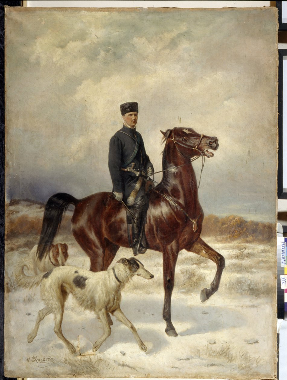 Jægeren (Jægeren). Til hest og ledsaget af sine Barzoi-hunde (russisk mynde). Maleri af Nikolai Yegorovich Sverchkov (Nicolas Swertschkoff) (1817-1898), olie på lærred. russisk kunst af Nikolai Egorevich Sverchkov