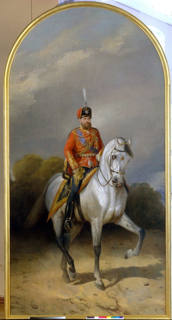 Portræt af kejser Alexander III (1845-1894) i uniform af den kejserlige gardes husarregiment. (Portræt af kejser Alexander III (1845-1894) i uniformen af ​​Leib-gardens husarregiment). Maleri af Nikolai Yegorovich Sverchkov af Nikolai Egorevich Sverchkov