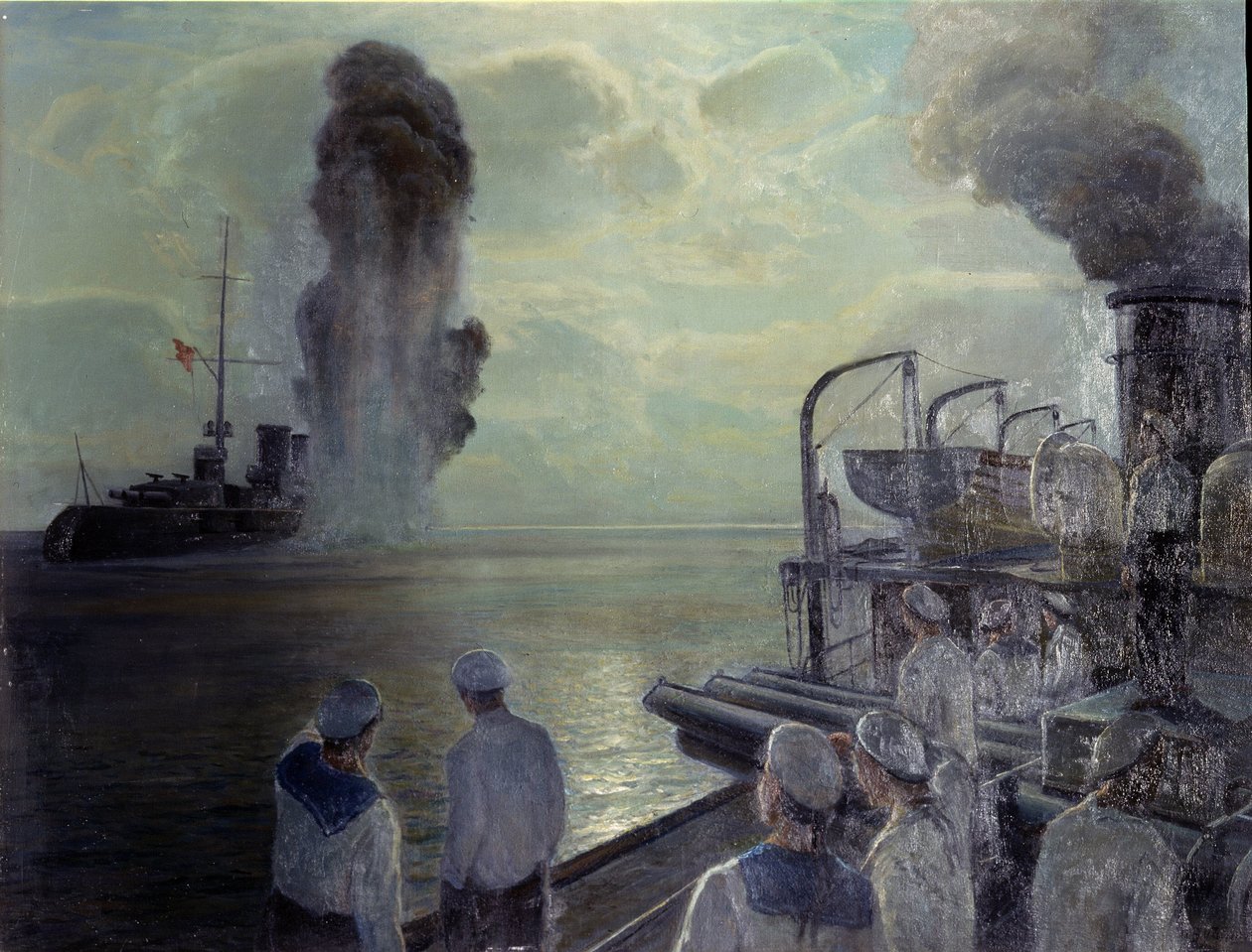 Russisk revolution i 1917: Den russiske sortehavsflåde sænker sine egne skibe den 18. juni 1918. (Sortehavsflådens selvsænkning den 18. juni 1918). Maleri af Nikolai Eviampievich Bublikov (1871-1942), olie på lærred af Nikolai Evlampievich Bublikov