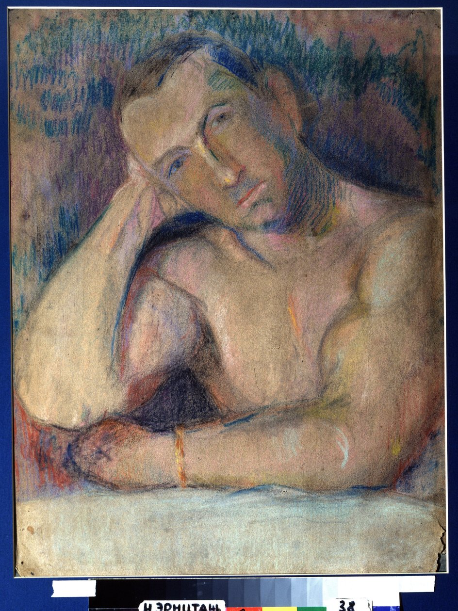 Portræt af digter Benedikt Livchits (1886-1939) (Portræt af digteren Benedikt Livshits) - Represente torse nu, la tete penchee, posee dans sa main - Oeuvre de Nikolai Ivanovich Kulbin (Nicolas Koulbine) (1868-1917), pastel på papir af Nikolai Ivanovich Kulbin