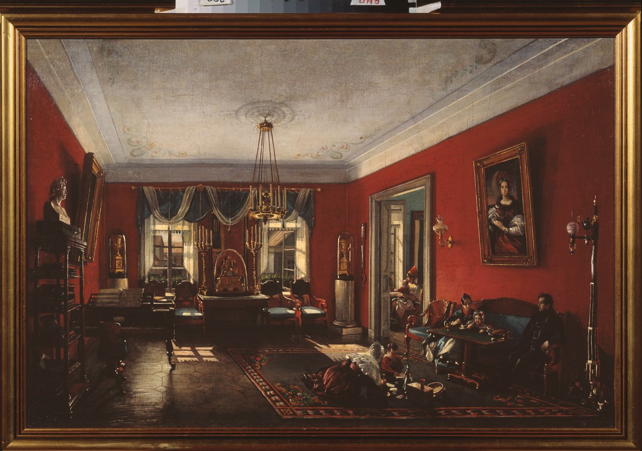 Tegnestuen i Nashchokin-huset i Moskva. (Scene af daglig- og familieliv) - Tegnestuen i Nashchokin-huset i Moskva - Maleri af Nikolai Ivanovich Podklyuchnikov (1813-1877), olie på lærred, tidligt 1840 - Russisk kunst af Nikolai Ivanovich Podlyuchnikov