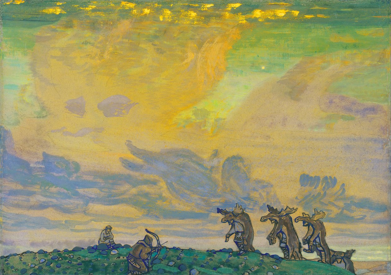 Det store offer. Scenedesign til balletten The Rite of Spring Le Sacre du Printemps af I. Stravinsky, 1910 af Nikolai Konstantinowitsch Roerich