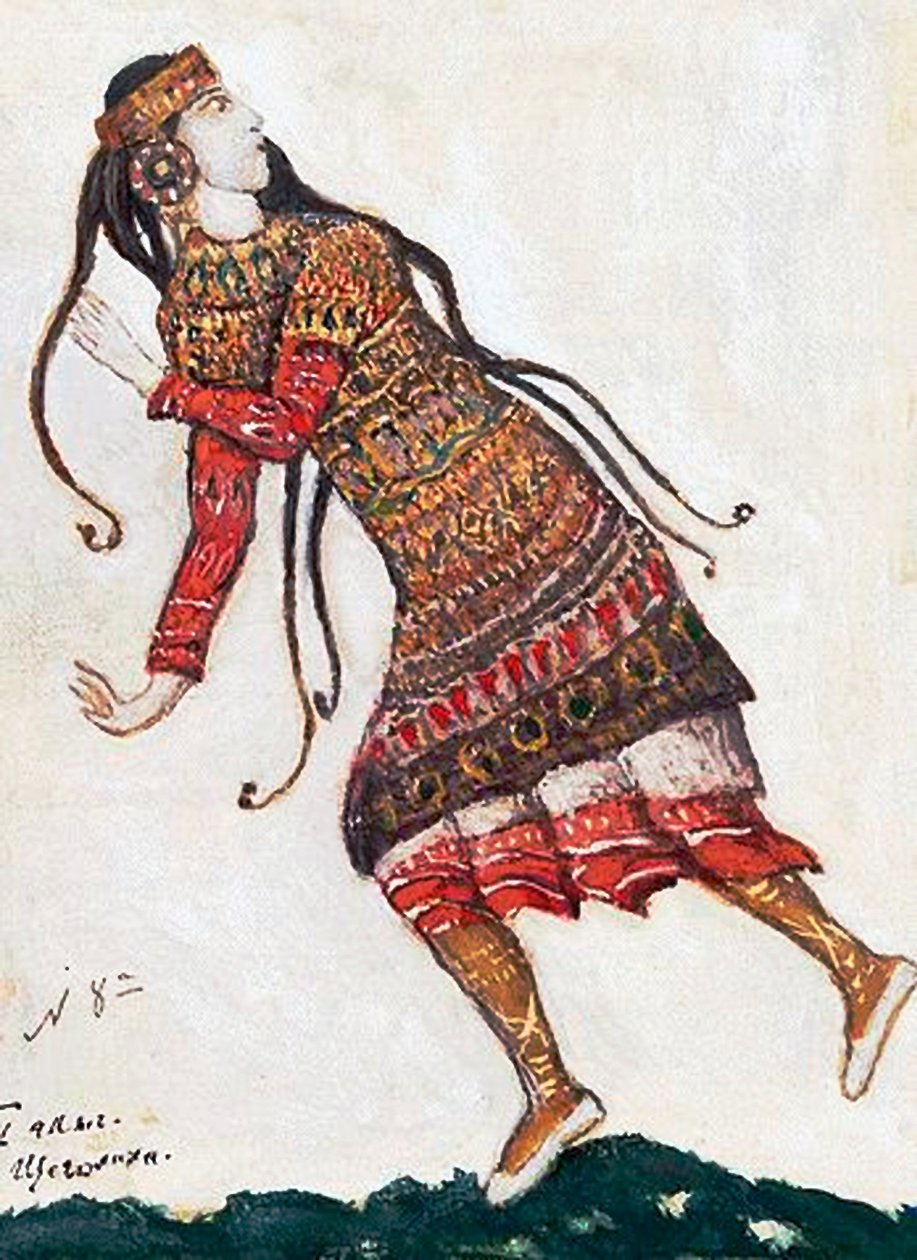 Ultra moderigtig dame. Kostumedesign til balletten The Rite of Spring Le Sacre du Printemps af I. Stravinsky, 1912 af Nikolai Konstantinowitsch Roerich