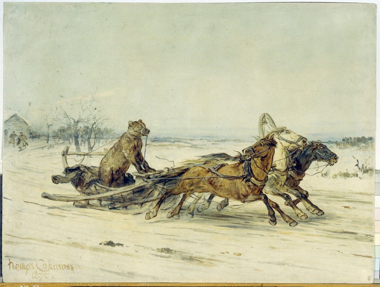 General Toptygin - En bjørn med næseparti, installeret i en slæde trukket af tre heste (trojka), fra en historie af Nicolas (Nikolai) Nekrassov (1821-1877) - Maleri af Pyotr (Piotr) Petrovich Sokolov (1821-1899), olie på lærred af Nikolai Nekrassov