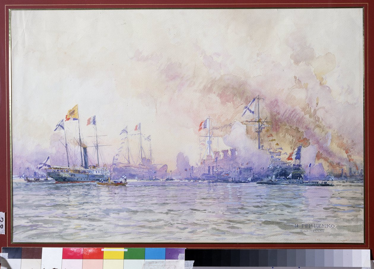 Den franske eskadrons ankomst til Krondstadt i 1893. Maritime landskab, med realistisk beskrivelse af de franske flådestyrker (krigsskibe, fregatter og korvetter), efter den fransk-russiske alliance af Nikolai Nikolaevich Gritsenko