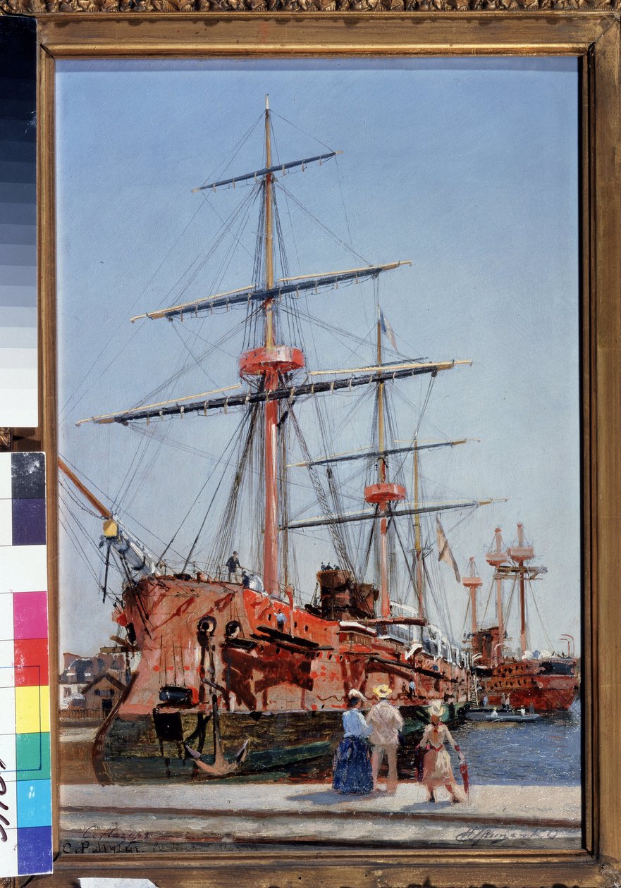Konstruktion af Admiral Kornilov-eskortekrydseren i Bretagne. (Bygning af den beskyttede krydser Admiral Kornilov i Bretagne). Maleri af Nikolai Nikolayevich Gritsenko (1856-1900), olie på træ af Nikolai Nikolaevich Gritsenko