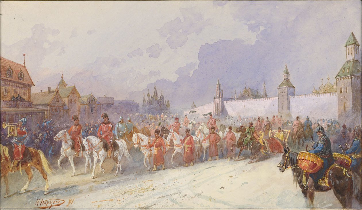 Indrejse af den tilfangetagne familie af Kuchum Khan i Moskva. 1599, 1891. af Nikolai Nikolayevich Karasin