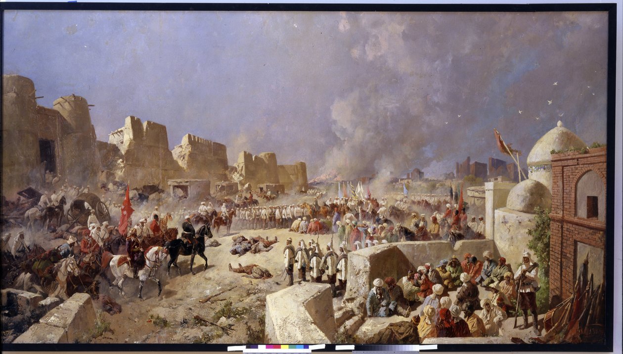 Den russiske hær invaderer Samarkand (Usbekistan) (Den russiske hær invaderede Samarkand). Periode med russisk ekspansion til Centralasien, russerne indtager Samarkand i 1868. Maleri af Nikolai Nikolayevich Karasin (1842-1908), olie på lærred 1888. Kunst af Nikolai Nikolayevich Karasin