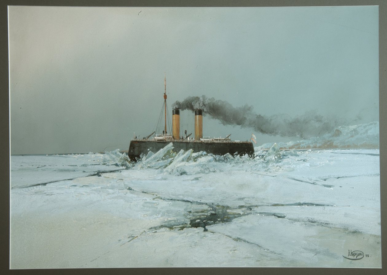 Det russiske isbryderskib Iermak (Icebreaker Yermak) - Værk af Nikolai Nikolayevich Karasin (1842-1908), akvarel og hvidt på papir (45,4x76 cm) af Nikolai Nikolayevich Karasin