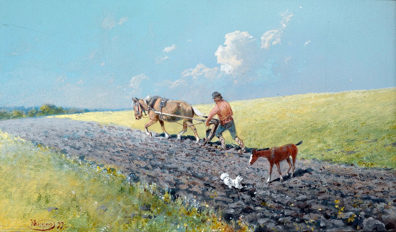 ""pløjer"" Bonde pløjer sine marker, Rusland Maleri af Nikolai Nikolayevich Karasin (1842-1908) 1899 Dim 16,5x27,5 cm Privat samling af Nikolai Nikolayevich Karasin