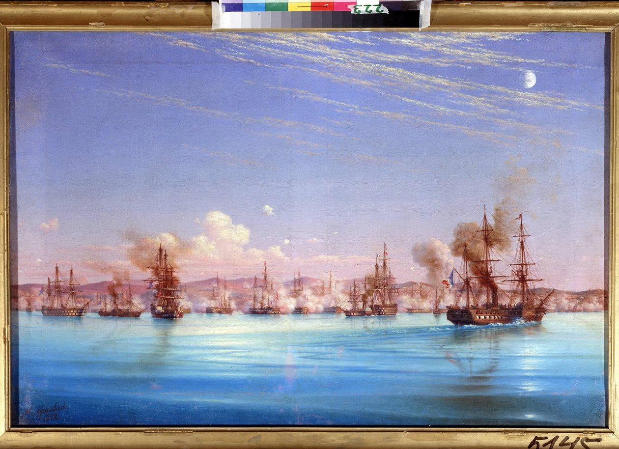 Den fransk-britiske eskadrons bombardement af Sebastopol i 1854. (Bombardement af Sevastopol fra den britiske franske eskadrille i 1854). Episode af belejringen af ​​byen fra 1854 til 1855, under Krimkrigen mellem koalitionen af ​​osmanniske imperier, f. af Nikolai Pavlovich Krasovsky