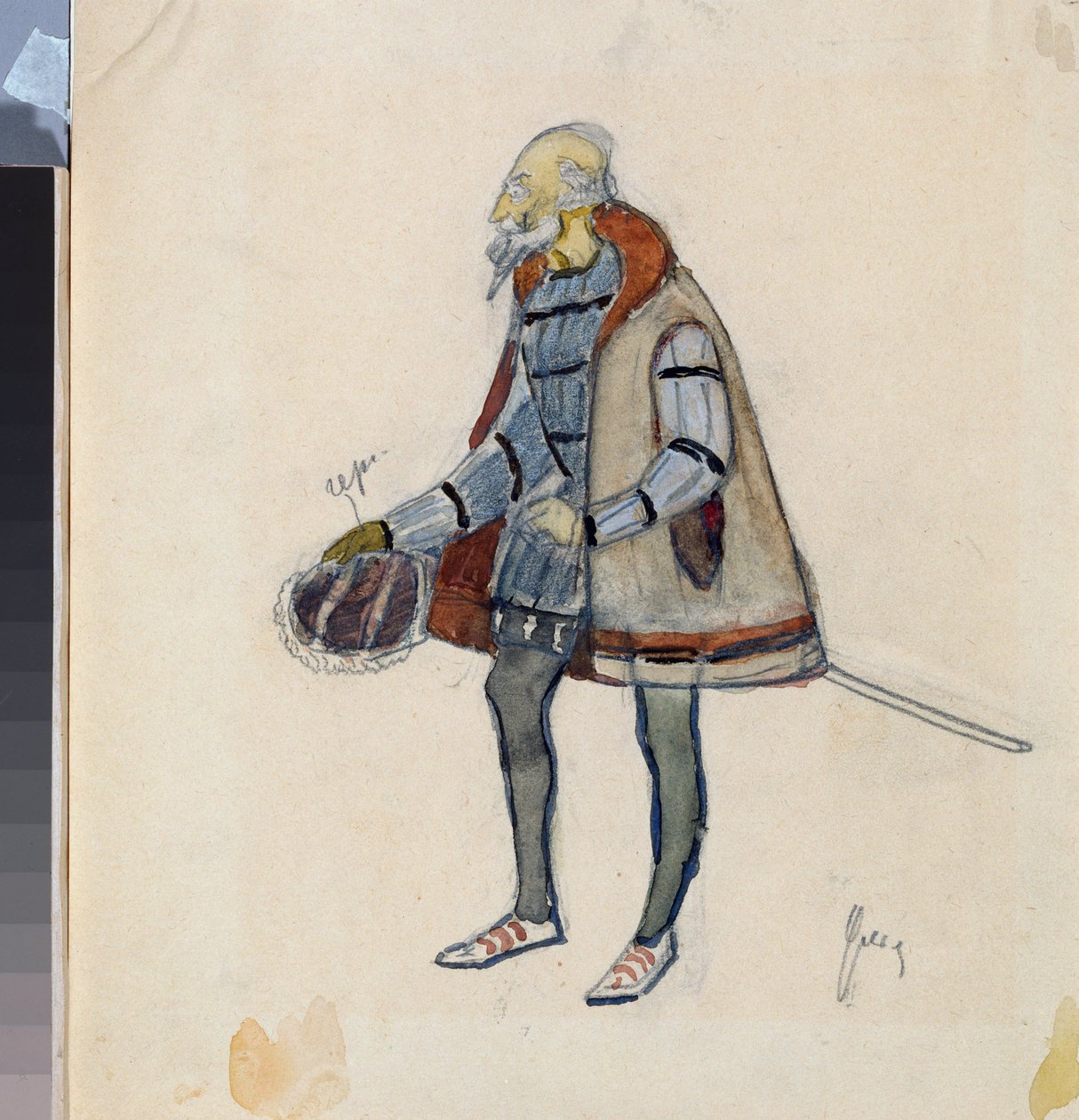 Forberedende kostume, The Miserly Knight, til teaterstykket ""The Avare Knight"" af Alexander Pushkin (1799-1837) (Kostumedesign til teaterstykket The Miserly Knight af A Pushkin) - Værk af Nikolai Pavlovich Ulyanov (Ulyanov) ( 1875-1949), cra af Nikolai Pavlovich Ulyanov