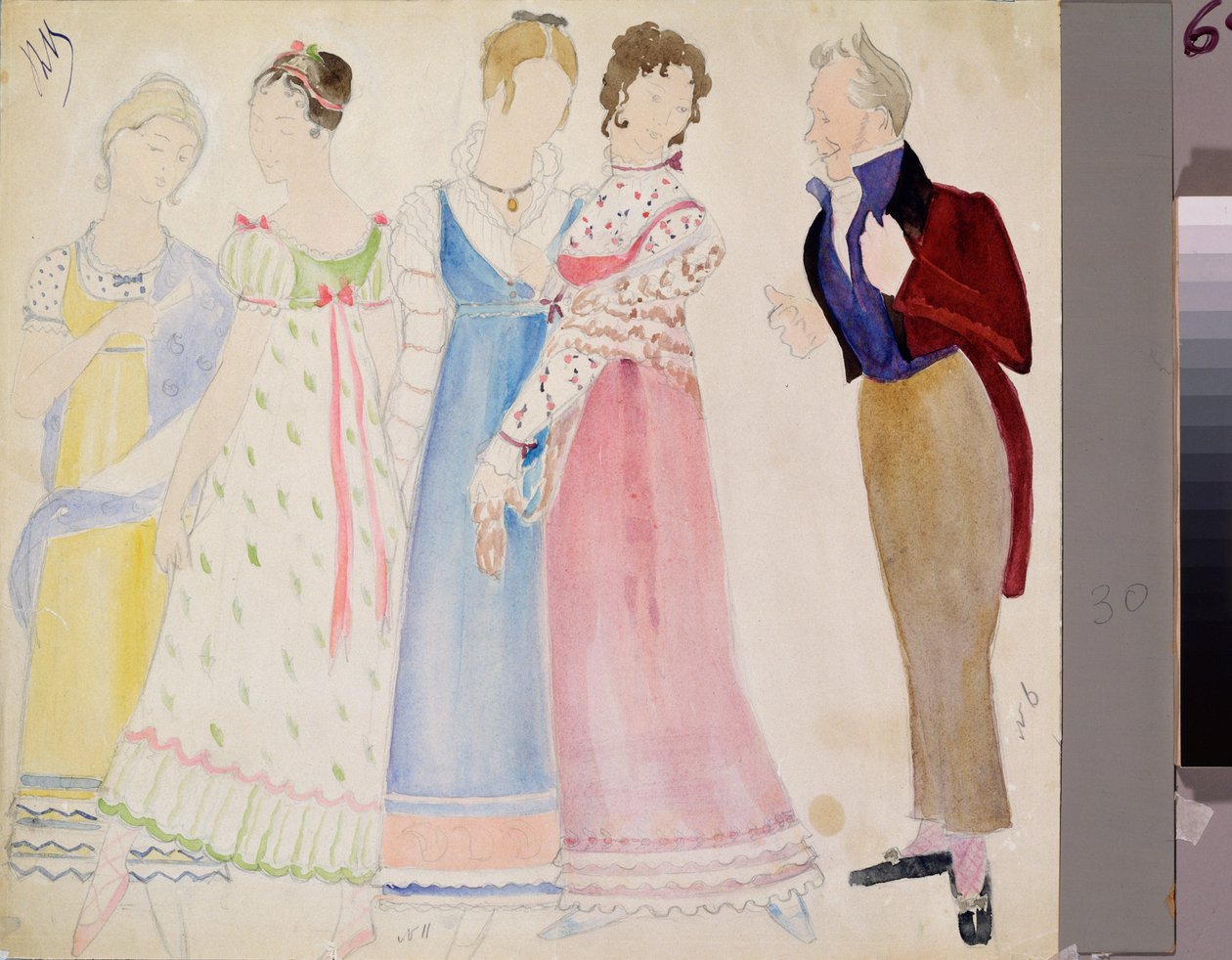 Forberedende kostumer, en mand og fire unge kvinder, til operaen ""Eugene Oneguine"" af Piotr Tchaikovsky (1840-1893) (Kostumedesign til operaen Eugene Onegin af P Tchaikovsky) - Værk af Nikolai Pavlovich Ulyanov (Oulianov) (1875) -1949), farveblyant og af Nikolai Pavlovich Ulyanov