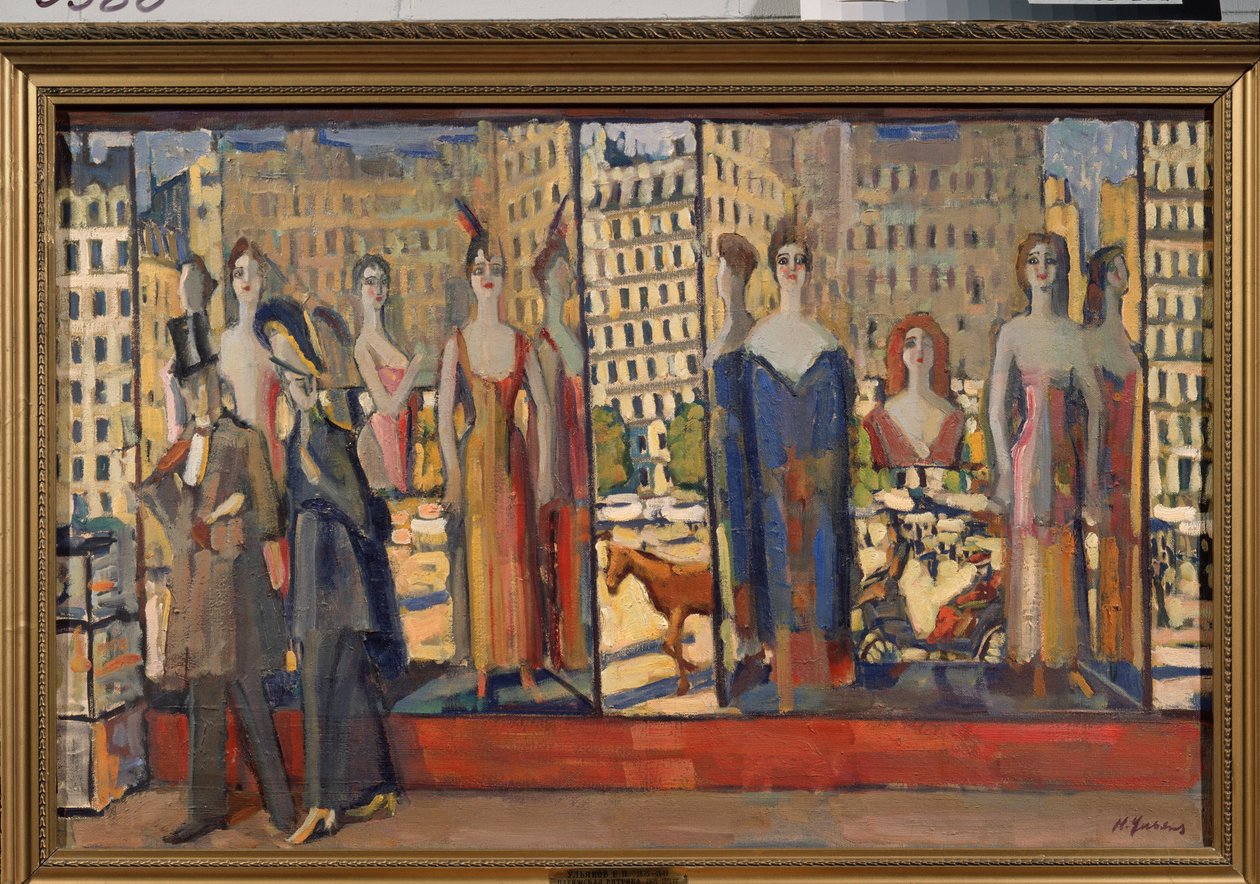 The Parisian Showcases (Paris butiksvinduer) - Maleri af Nikolai Pavlovich Ulyanov (Ulianov) (1875-1949), olie på lærred af Nikolai Pavlovich Ulyanov