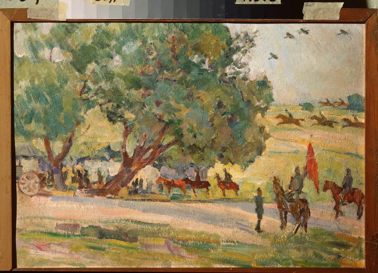 Militære manøvrer i nærheden af ​​Moskva (Manøvrer nær Moskva) - Værk af Nikolai Pavlovich Ulyanov (Ulianov) (1875-1949), olie på pap af Nikolai Pavlovich Ulyanov