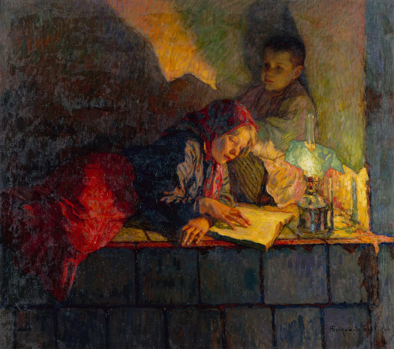 Børn læser ved stearinlys (olie på lærred) af Nikolai Petrovich Bogdanov Belsky