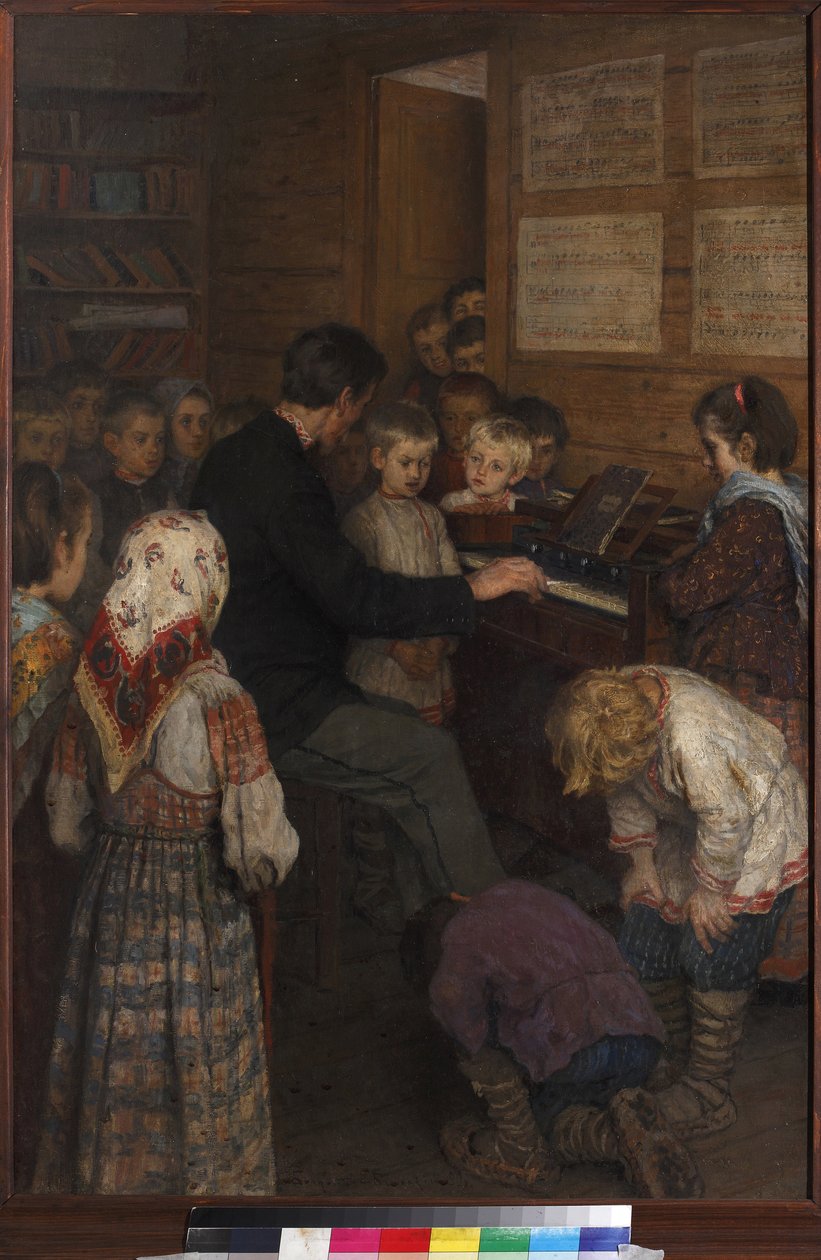 Sangundervisning på landsbyskolen (læreren spiller harmonium) af Bogdanov-Belsky, Nikolai Petrovich (1868-1945). olie på lærred af Nikolai Petrovich Bogdanov Belsky