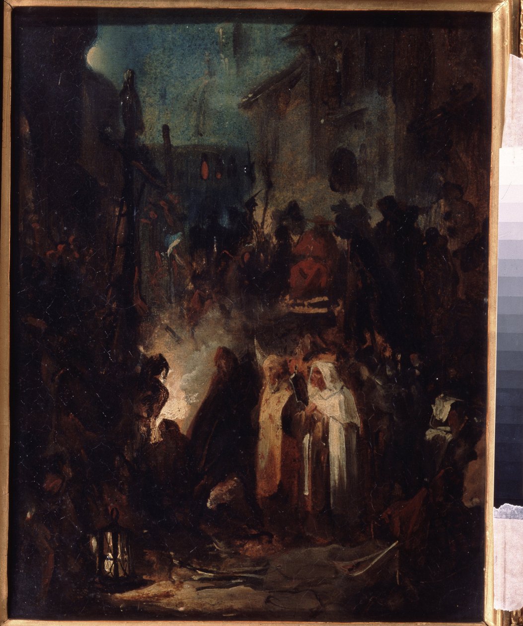 Autodafe (Autodafe). Gadebillede, om natten, efter inkvisitionsrettens dom, samles menneskemængden og de gejstlige omkring bålet. Værk af Nikolai Petrovich Lomtev (1816-1859), olie på pap. russisk kunst af Nikolai Petrovich Lomtev