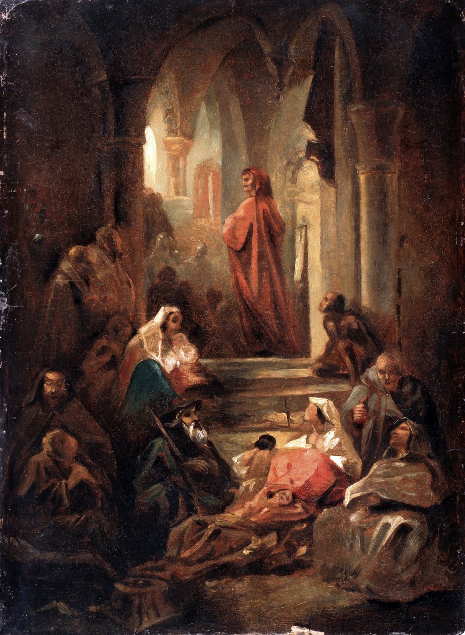 En scene fra Dante Alighieris liv (1265-1321) (En scene fra Dante Alighieris liv). Værk af Nikolai Petrovich Lomtev (1816-1859), olie på pap af Nikolai Petrovich Lomtev