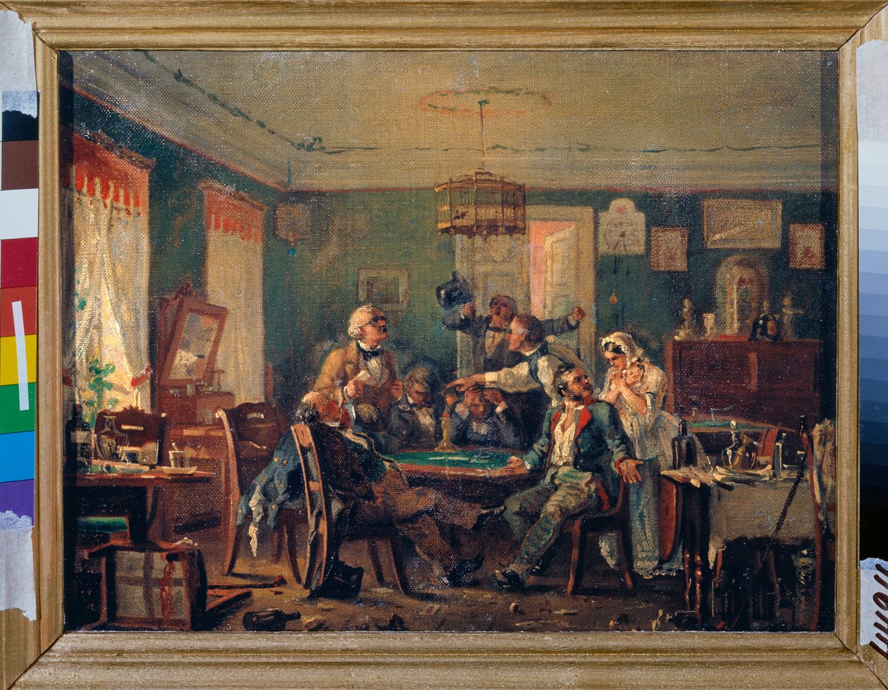 Kortspil - Kortspil - Maleri af Nikolai Petrovich Petrov (1834-1876), olie på lærred, omkring 1850 - 1800-tallets russisk kunst - Statens russiske museum, Sankt Petersborg af Nikolai Petrovich Petrov