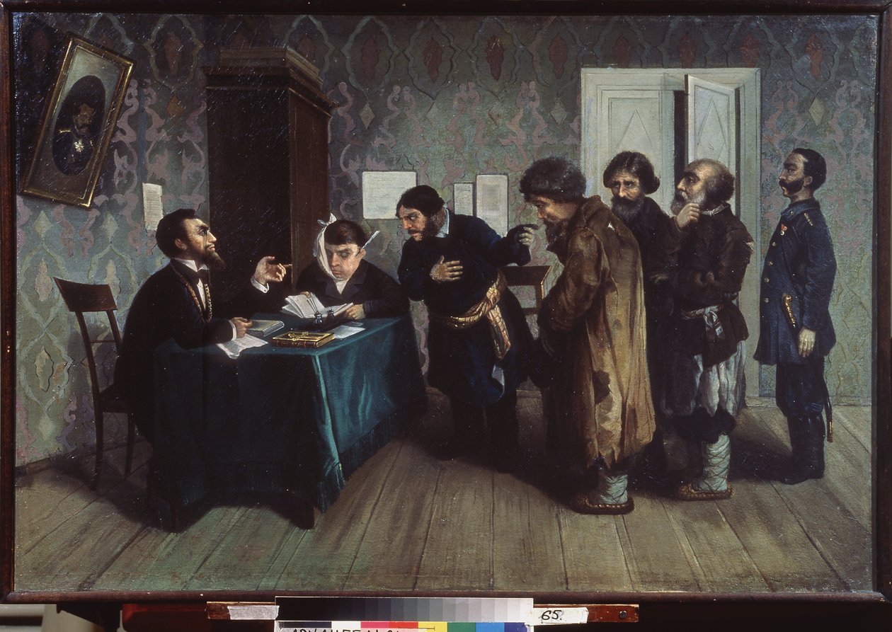 Voldgiftsretten i provinserne. Daglig scene for retfærdighed. Maleri af Nikolai Petrovich Zagorsky (1849-1893), olie på lærred af Nikolai Petrovich Zagorsky