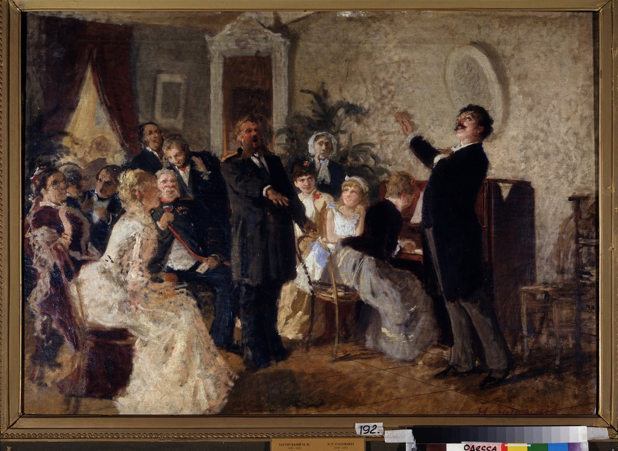 Duo. (Sangere giver koncert i et privat rum). Maleri af Nikolai Petrovich Zagorsky (1849-1893), olie på lærred. russisk kunst af Nikolai Petrovich Zagorsky