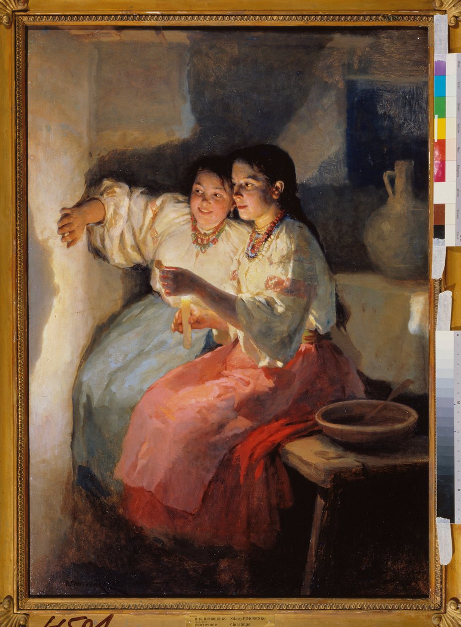 Spådom på juleaften (To unge piger kaster skygger ved levende lys på en væg) - Juleaftens spådom - Maleri af Nikolai Kornilovich Pimonenko (1862-1912), olie på lærred af Nikolai Pimonenko