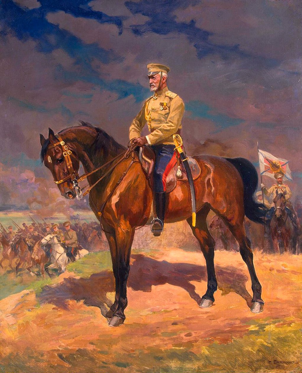 Portræt af storhertug Nikolai Nikolayevich 1856–1929 til hest, 1910