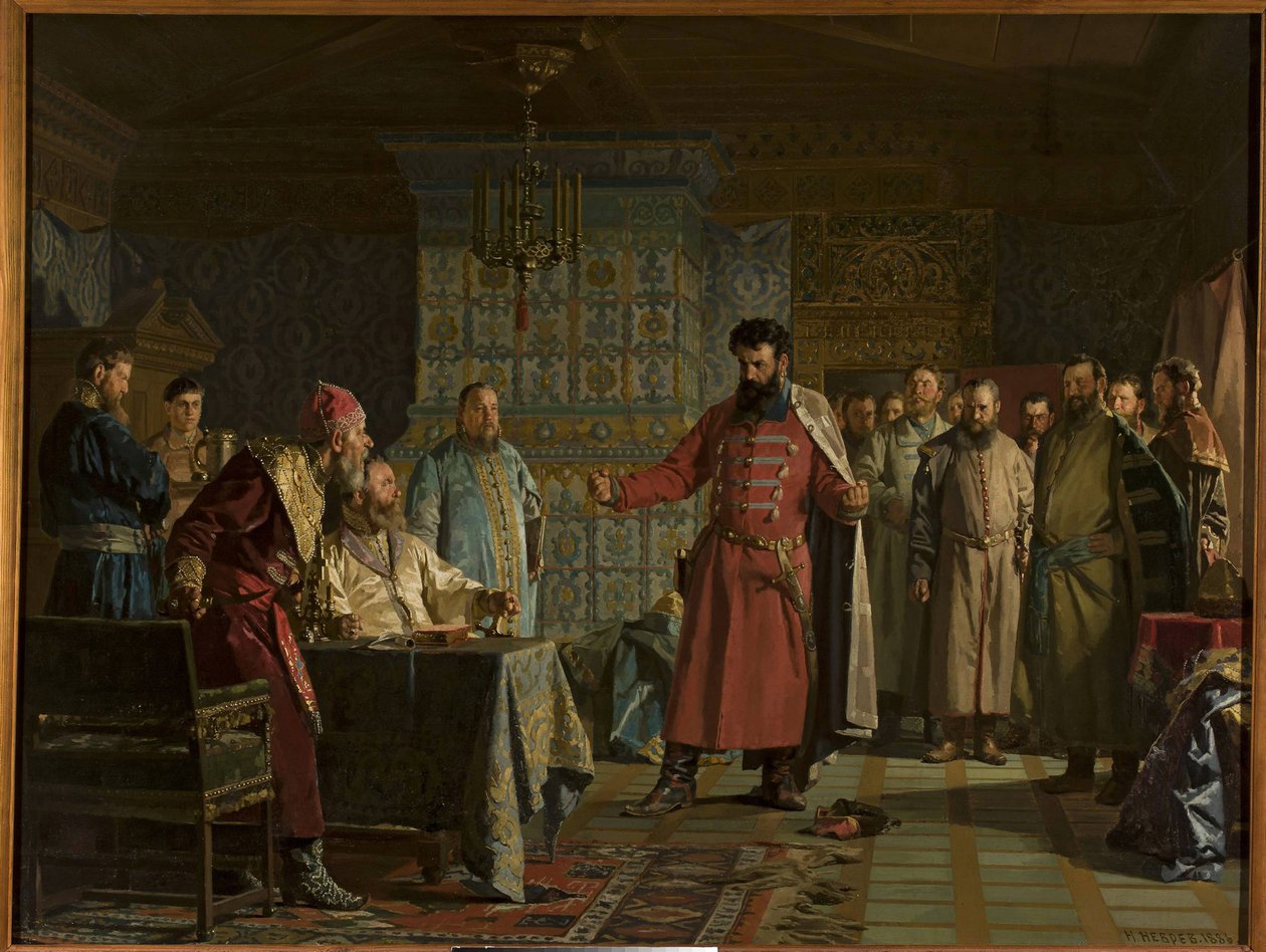 La querelle de Zakhary Petrovich Lyapunov (mort apres 1612) avec le tsar Vassili IV Chouiski (1552-1612) au Kremlin - Zakhary Lyapunovs skænderi med zar Vasili Shuisky i Kreml, af Nevrev, Nikolai Vasiich- (90430ev). Olie på lærred af Nikolai Vasilievich Nevrev
