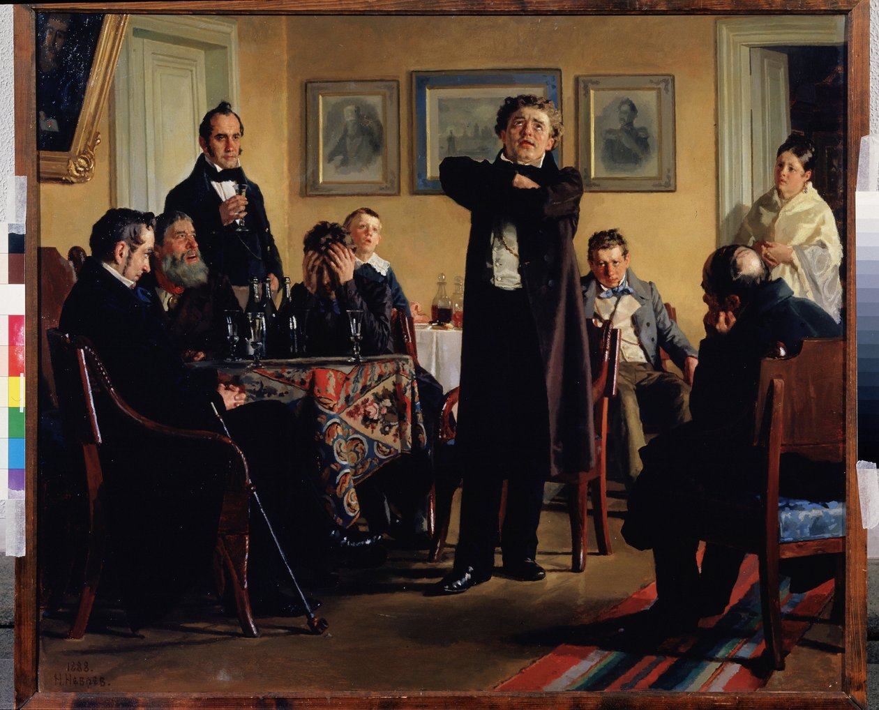 Skuespiller Pavel Mochalov (1808-1848) omgiver sine beundrere. (Skuespiller P. Mochalov blandt hans fans). Han betragtes som den største tragedier i det romantiske Rusland og fortolker en rolle i en privat salon, tilskuerne opmærksomme og grebet af følelse af Nikolai Vasilievich Nevrev
