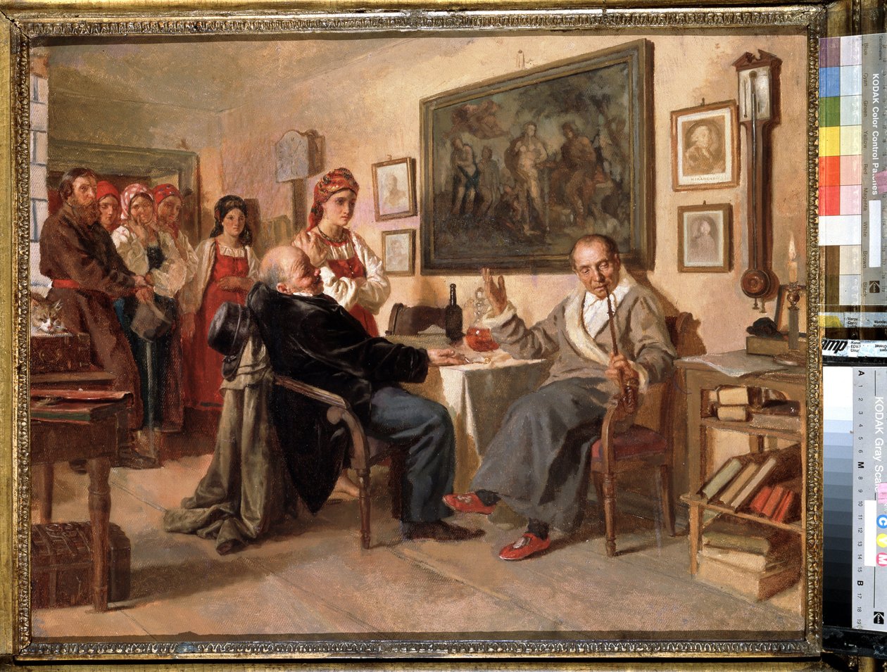 Serf-markedet. (Markedet. Salg af livegne) Livegenskab i Rusland: En køber og en købmand forhandler om købesummen for en kvinde ved et salg af livegne. Maleri af Nikolai Vasilyevich Nevrev (1830-1904) af Nikolai Vasilievich Nevrev