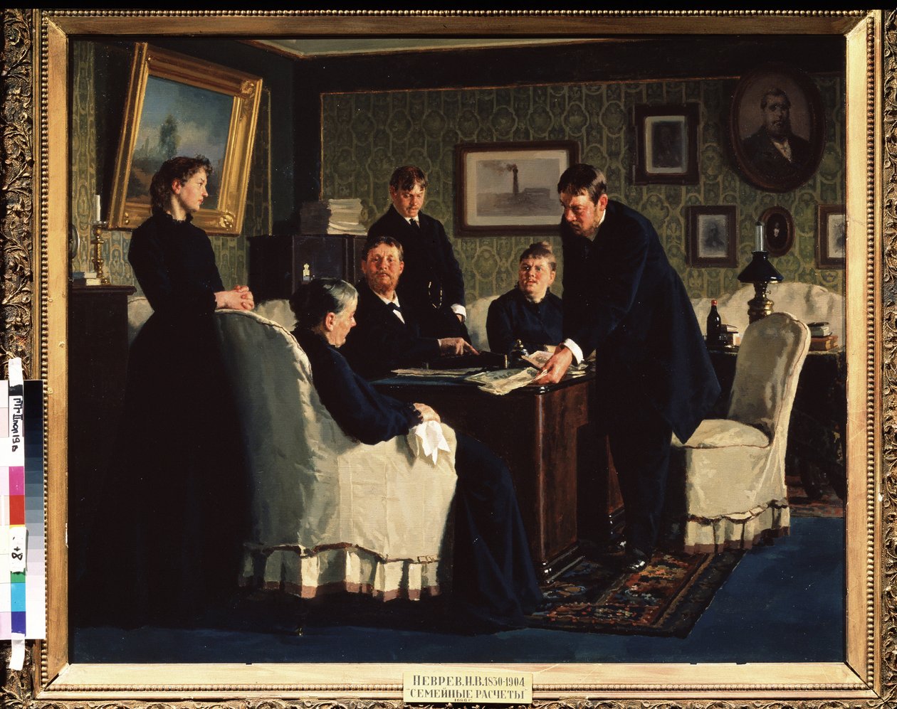 Familieregnskabet. Maleri af Nikolai Vasilyevich Nevrev (1830-1904), olie på lærred af Nikolai Vasilievich Nevrev