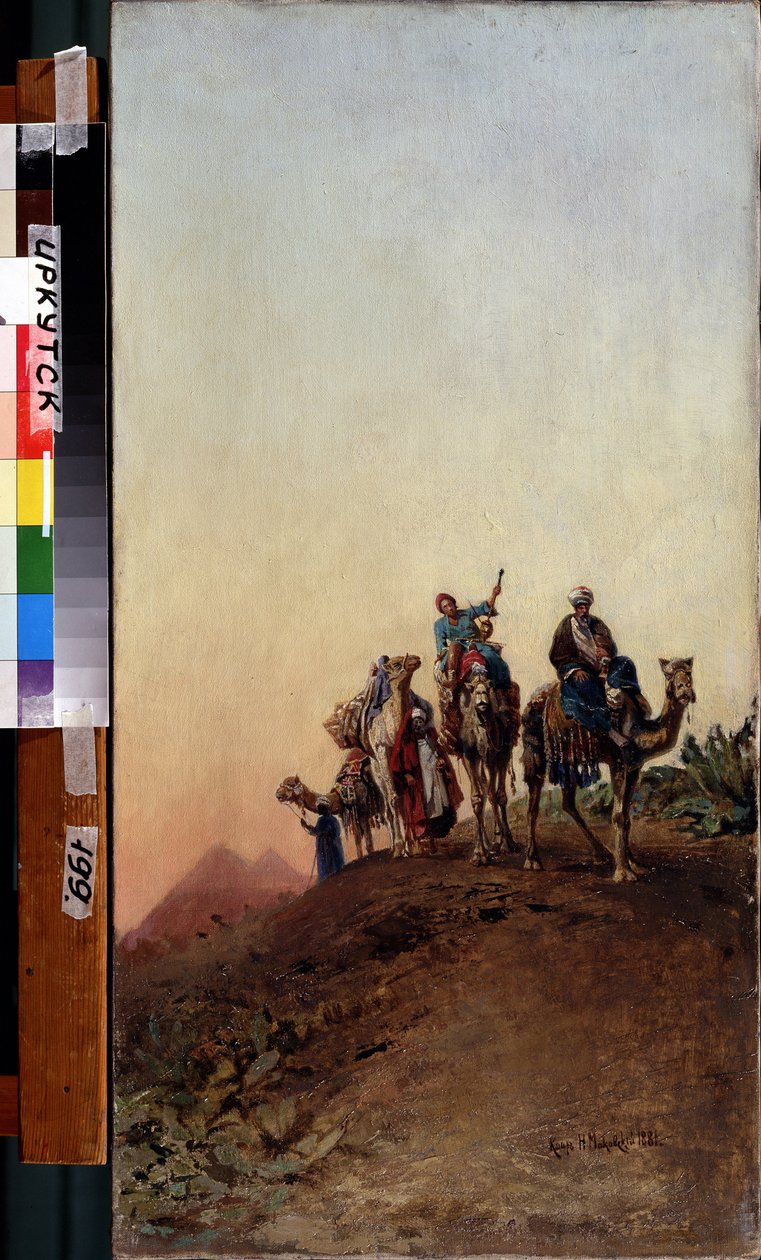 Kameler nær Giza-pyramiderne (Gizeh, Gizeh, Giza) (Cairo, Egypten). (Kameler nær pyramiderne). Maleri af Nikolai Yegorovich Makovsky (1842-1886), olie på lærred af Nikolai Yegorovich Makovsky