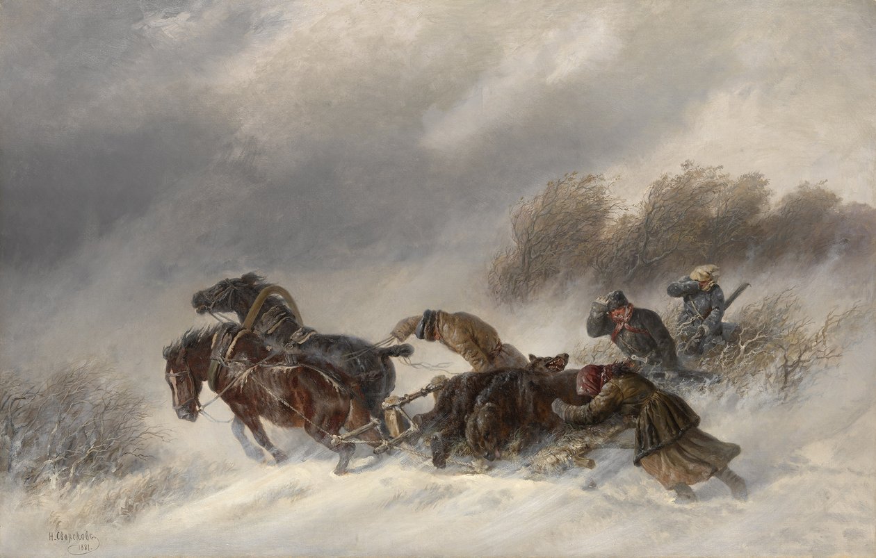 Vender tilbage fra en bjørnejagt, 1881 af Nikolai Yegorovich Sverchkov