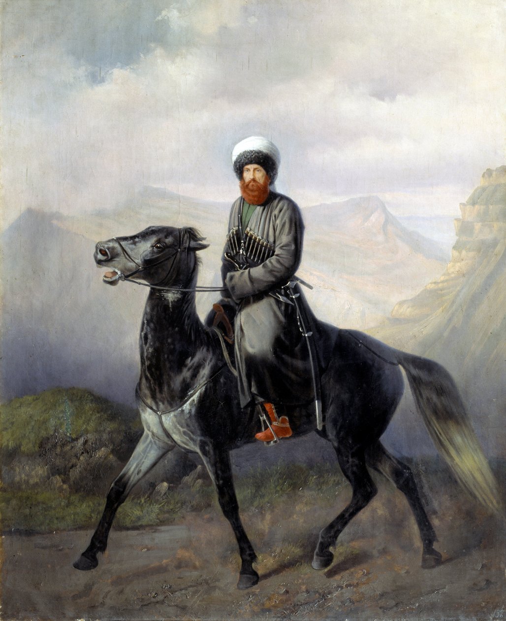 Portrait equestre de Chamil (Imam Chamil, Shamil) (1797-1871), chef des tribus musulmanes du Caucase nord (Portræt af den politiske og religiøse leder af de muslimske stammer i det nordlige Kaukasus Imam Shamil) - Peinture de Nikolai Yegorovich Sverchov af Nikolai Yegorovich Sverchov