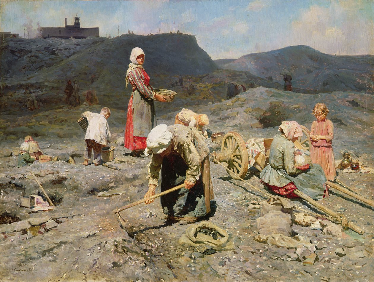 Fattige mennesker samler kul i en udmattet mine, 1894 af Nikolaj Alekseevich Kasatkin