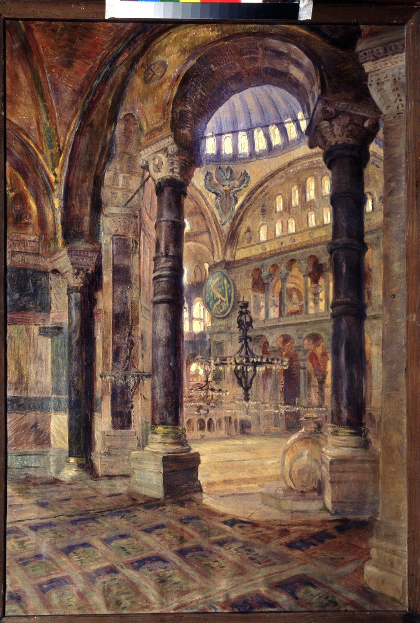 Hagia Sophia (Hagia Sophia) i Konstantinopel (Istanbul, Tyrkiet) (Hagia Sophia i Konstantinopel). Indvendig udsigt over moskeen, byzantinsk arkitektur. Maleri af Nikolai Alexeyevich Kasatkin (Kasatkine) (1859-1930), olie på lærred, slutningen af ​​det 19.  af Nikolaj Alekseevich Kasatkin