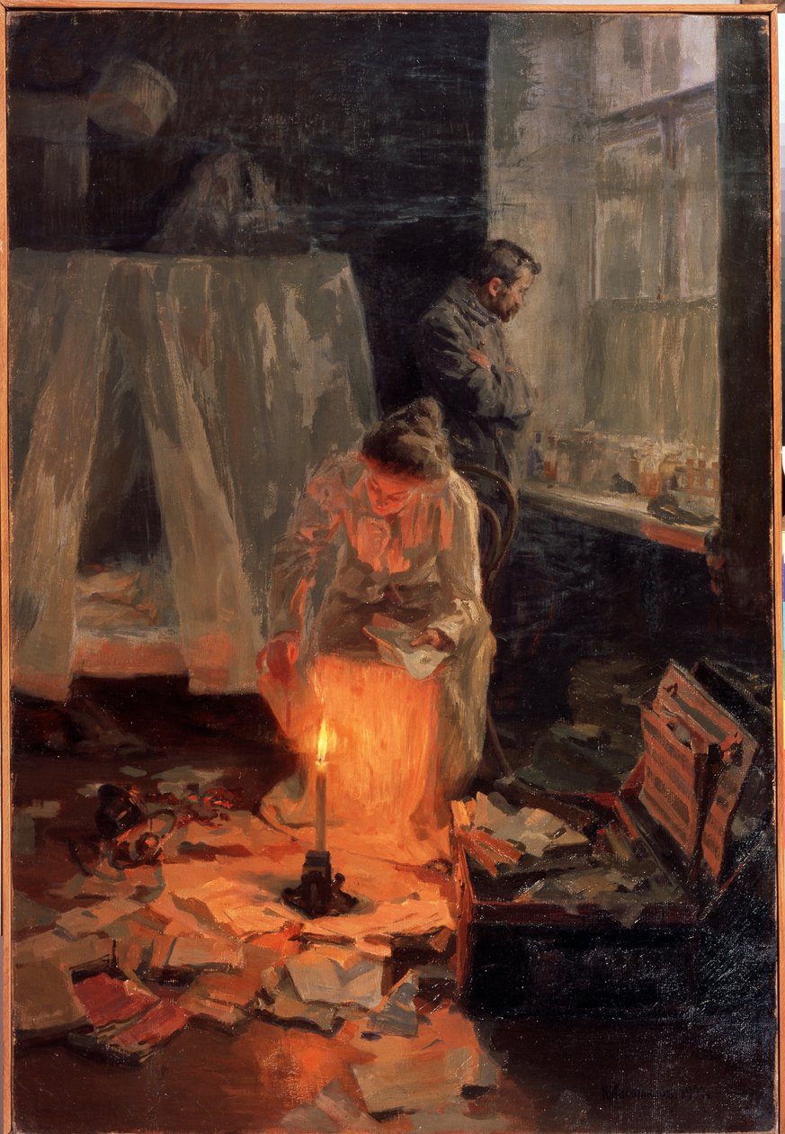 Opløsningen. I et rodet interiør, et par, brænder kvinden dokumenter i stearinlysets flamme, mens manden står foran vinduet og ser eftertænksom ud. Maleri af Nikolai Alexeyevich Kasatkin (Kasatkin) (1859-1930), af Nikolaj Alekseevich Kasatkin
