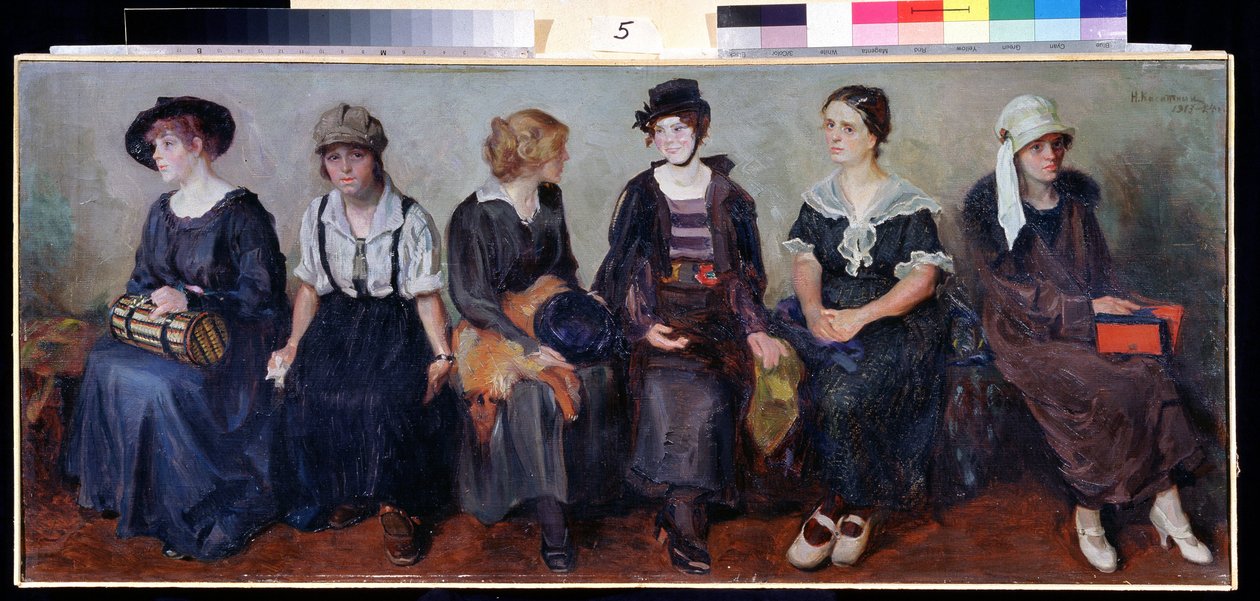 Teatertrup (Teatertrup). Portrætter af seks unge kvinder siddende side om side med forskellige udtryk. Maleri af Nikolai Alexeyevich Kasatkin (Kasatkin) (1859-1930), olie på lærred af Nikolaj Alekseevich Kasatkin