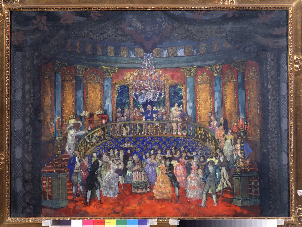 Bold. (Aften med aristokratisk samfund i et russisk palads). Værk af Nikolai Nikolayevich Sapunov (Sapunov) (1880-1912), tempera på pap af Nikolaj Nikolaevic Sapunov