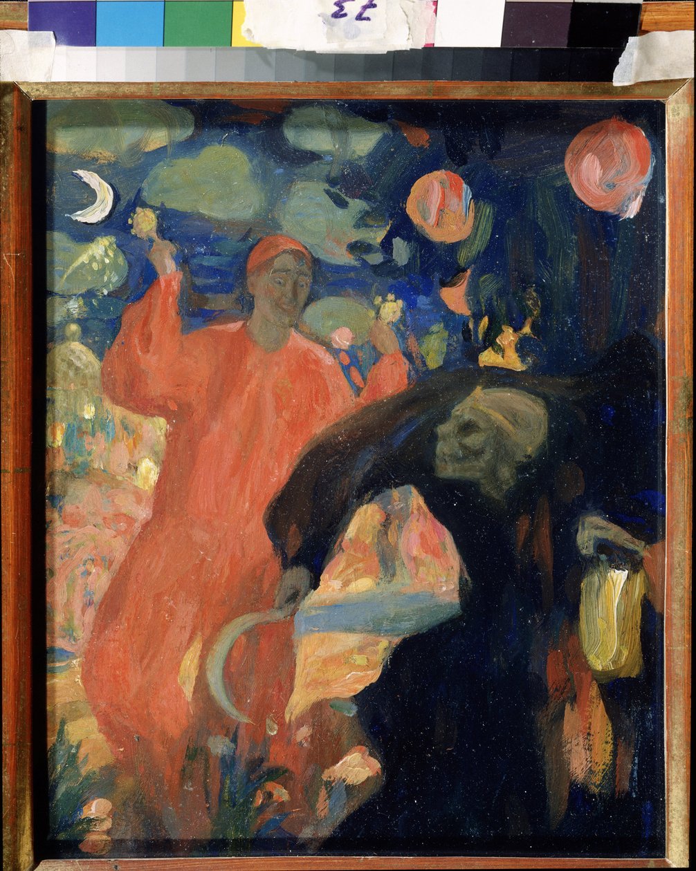 Til minde om Nikolai Sapunov (Sapunov) (1880-1912) (Til minde om N. Sapunov). Døden personificerede bukker og flygter foran en smilende livsfigur, der vifter med maracas. Værk af Nicolas (Nikolai) Dimitrievich Millioti (1874-1962), olie på kort af Nikolaj Nikolaevic Sapunov