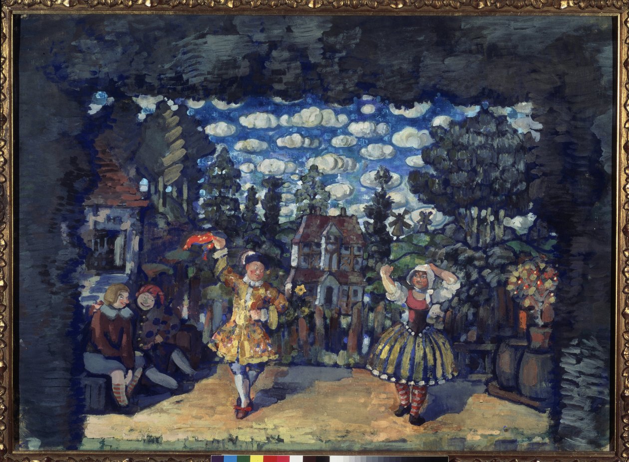 Hotel ved Green Bull. Forberedende indretning til skuespillet ""hollænderinde Lisa"" af Mikhail Kouzmin (1875-1936). Værk af Nikolai Nikolayevich Sapunov (Sapunov) (1880-1912), tempera på pap af Nikolaj Nikolaevic Sapunov