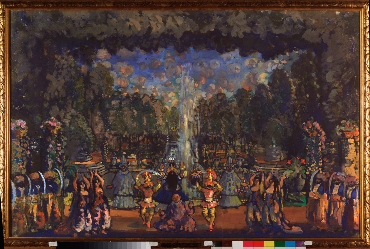 Den tyrkiske ceremoni. Forberedende dekoration til stykket ""Le bourgeois gentilhomme"" af Moliere (1622-1673). Værk af Nikolai Nikolayevich Sapunov (Sapunov) (1880-1912), tempera på lærred af Nikolaj Nikolaevic Sapunov