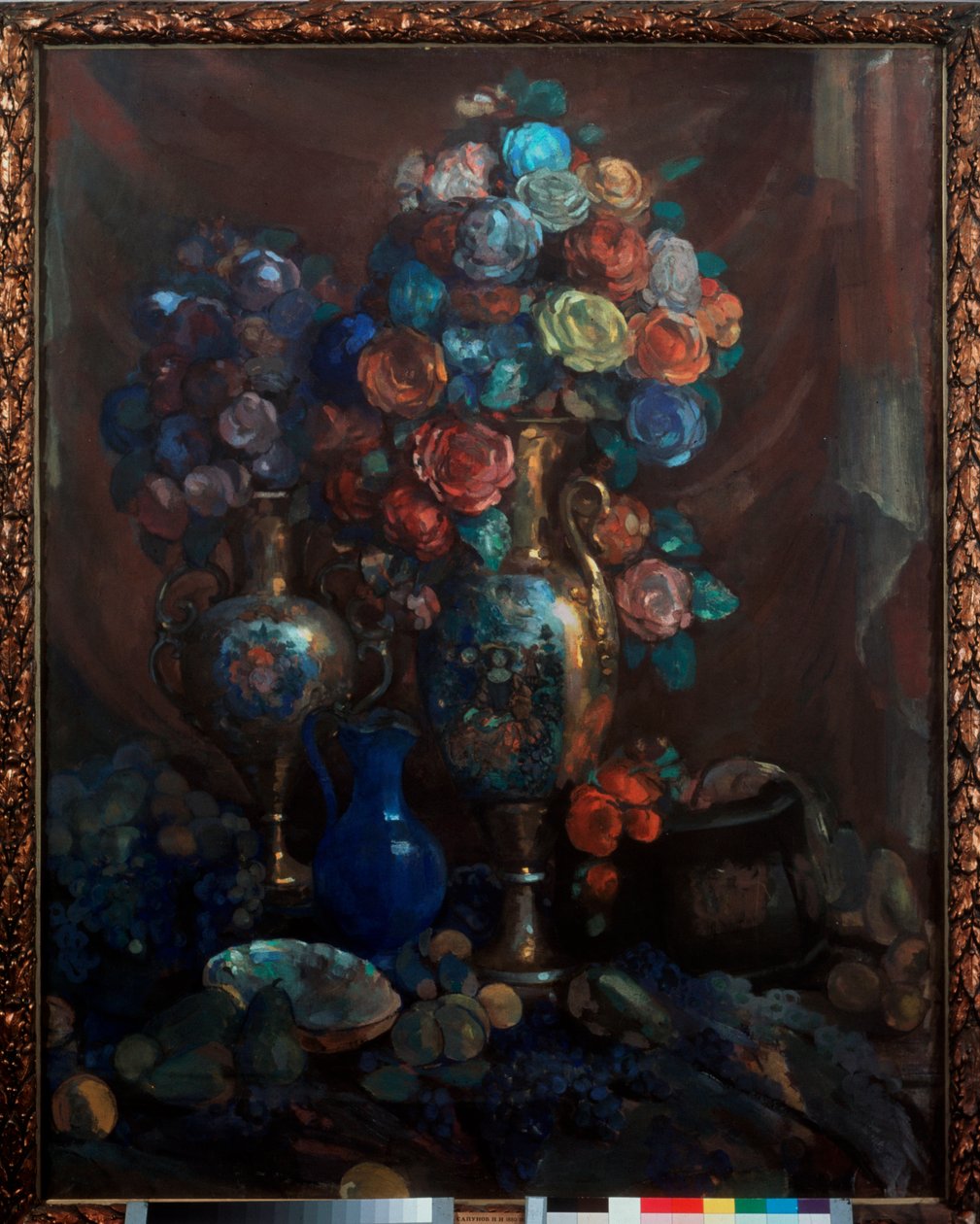 Nature morte (Vaser, fleurs et frugter) - Stilleben (vaser, blomster og frugter) - Kunstværk af Nikolai Nikolayevich Sapunov (Sapunov) (1880-1912), tempera på lærred af Nikolaj Nikolaevic Sapunov