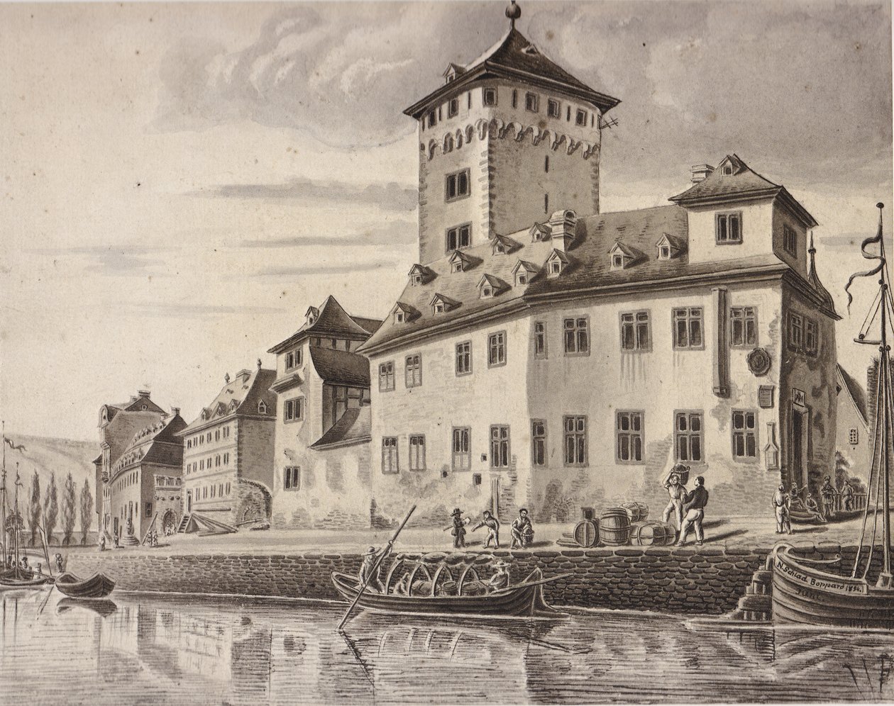Slot - Rhinfronten ved valgslottet i Boppard omkring 1854 af Nikolaus Schlad